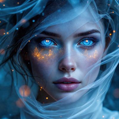 The primary subject of the image is a woman with blue eyes and a flowing veil. She is wearing a white dress and has a glowing, ethereal appearance. The setting is a dark, blue background that contrasts with the woman's glowing eyes. The visual style is a digital art or illustration, creating a surreal and dreamy atmosphere. The colors and mood are predominantly dark and mysterious, with the woman's blue eyes and the flowing veil adding a touch of